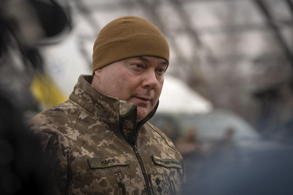 Commander of the Joint Forces of the Armed Forces of Ukraine Serhiy Nayev is seen at the Antonov airport in Hostomel, on the outskirts of Kyiv, Ukraine, Saturday, April 1, 2023. (AP Photo/Efrem Lukatsky)