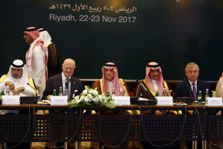 Saudi Foreign Minister Adel al-Jubeir (C) sits between Saudi Gulf Affairs Minister Thamer Al-Sabhan (2nd R) and U.N. Special Envoy for Syria Staffan de Mistura (2nd L) during a Syrian opposition meeting in Riyadh, Saudi Arabia, November 22, 2017. REUTERS/Faisal Al Nasser