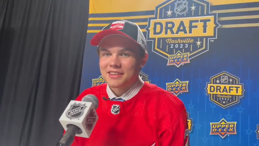 Detroit Red Wings prospect Axel Sandin Pellikka, selected at No. 17 in 2023 NHL draft. June 28, 2023 in Nashville, Tenn.