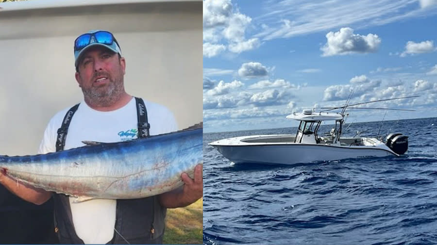 Jeffrey Kale (left) in a photo from WJZY. Kale's 32-foot Cape Horn center-console boat (right) when it was found empty about 83 miles east of Wrightsville Beach, North Carolina, this week. Photo courtesy: U.S. Coast Guard.