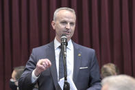 In this March 8, 2021 photo provided by the Missouri House of Representatives, Missouri state Rep. Doug Richey speaks during a House debate at the state Capitol in Jefferson City, Mo. Richey, a Republican, leads a House panel on federal stimulus spending. Richey said he is not convinced yet that Missouri needs to spend its full allotment of money from President Joe Biden's COVID-19 relief law, the American Rescue Plan. (Tim Bommel/Missouri House of Representatives via AP)