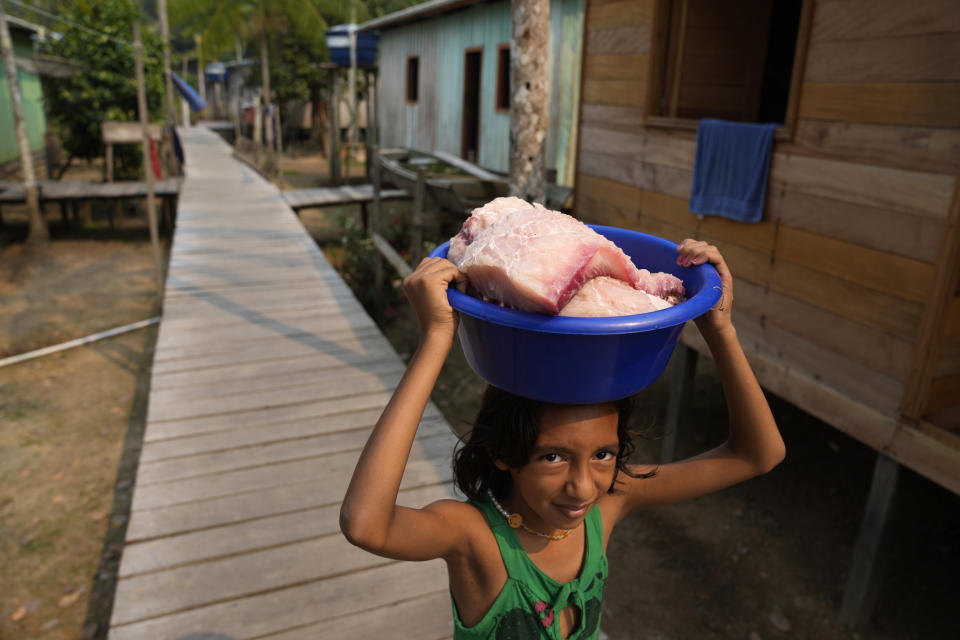 Eliane Farias, carries pieces of a pirarucu fish in San Raimundo settlement, at Medio Jurua region, Amazonia State, Brazil, Monday, Sept. 5, 2022. Pirarucu fishing is done once a year, around September, the period of lowest water. (AP Photo/Jorge Saenz)