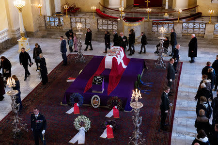 Inside view of the Christiansborg Palace Church where the casket with late Price Henrik is lying, in Copenhagen, Denmark February 17, 2018. Scanpix Denmark/Mads Claus Rasmussen/via REUTERS