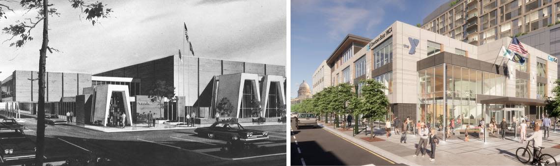 Renderings of the Downtown Boise YMCA buildings from 1968, left, and today.