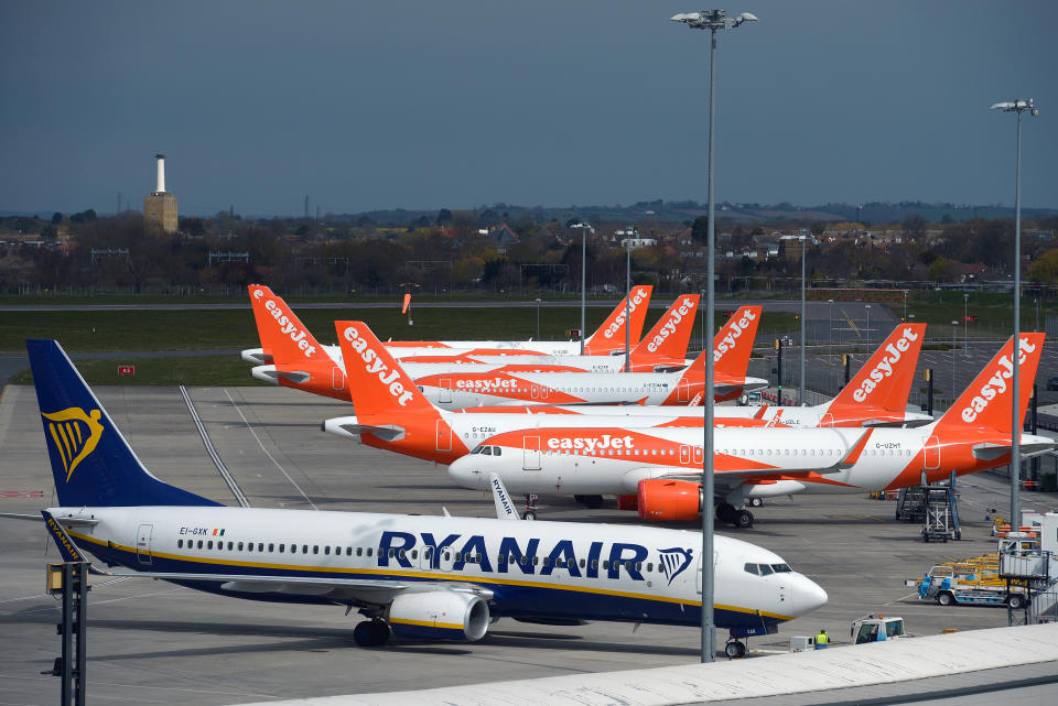 A Ryanair and easyJet aircraft parked at Southend airport after airlines reduced flights amid travel restrictions and a huge drop in demand as a result of the coronavirus pandemic.