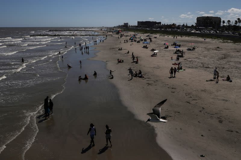 Seagull flies over beach goers after partial-reopening of economy during coronavirus disease pandemic in Galveston