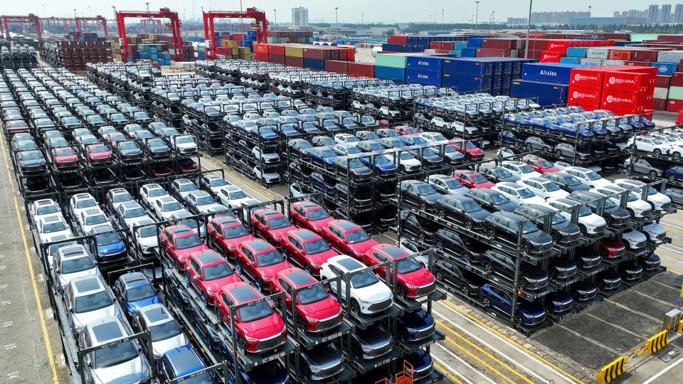 BYD cars waiting to be loaded onto a ship at the international container terminal at Suzhou Port, in China's eastern Jiangsu province, on September 11, 2023. - AFP/Getty Images