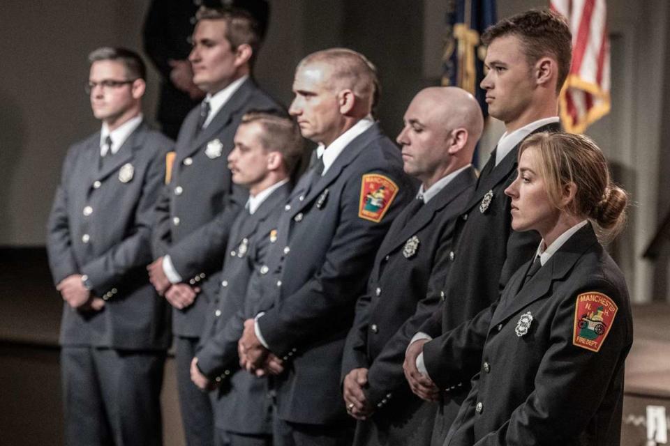 <p>Jeffrey Hastings</p> Tenley Gillett (right) at the Manchester Fire Department