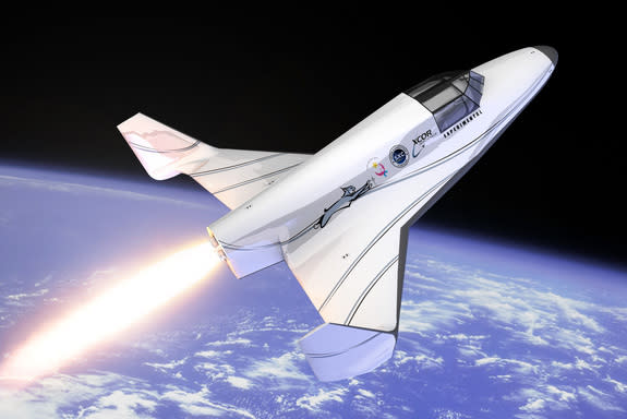 An artist's depiction of XCOR Aerospace's Lynx spacecraft launching into space.