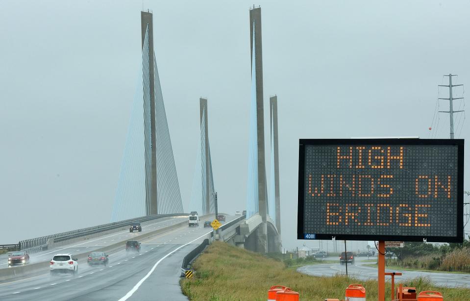 Motorists were warned of high winds at Indian River Inlet Bridge as Rain and windy conditions along the Delaware Coast have resulted in some minor beach erosion, with little flooding as Hurricane Dorian passed off the coast on Friday, September 6, 2019.