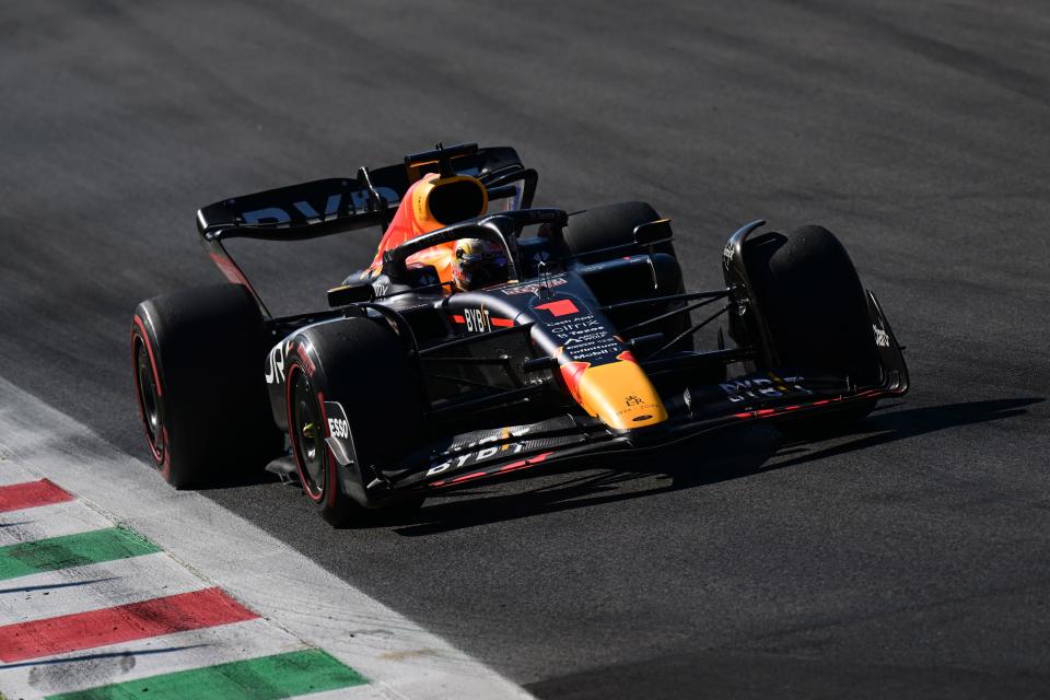 Red Bull Racing's Dutch driver Max Verstappen steers his car during the Italian Formula One Grand Prix at the Autodromo Nazionale circuit in Monza on September 11, 2022. (Photo by Miguel MEDINA / AFP) (Photo by MIGUEL MEDINA/AFP via Getty Images)