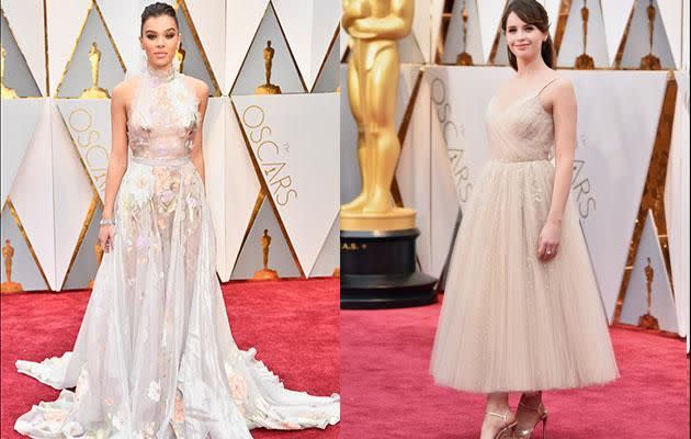 Singer Hailee Steinfeld stunned in white, while actress Felicity Jones wore a cropped frock. Photo: Getty