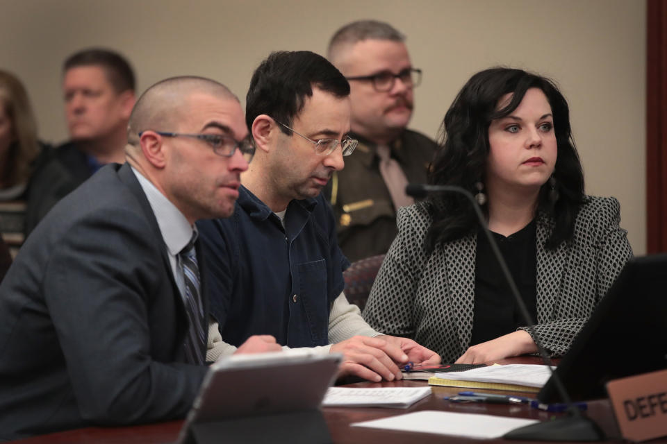 Nassar sits in court on Tuesday with his attorneys. (Scott Olson via Getty Images)