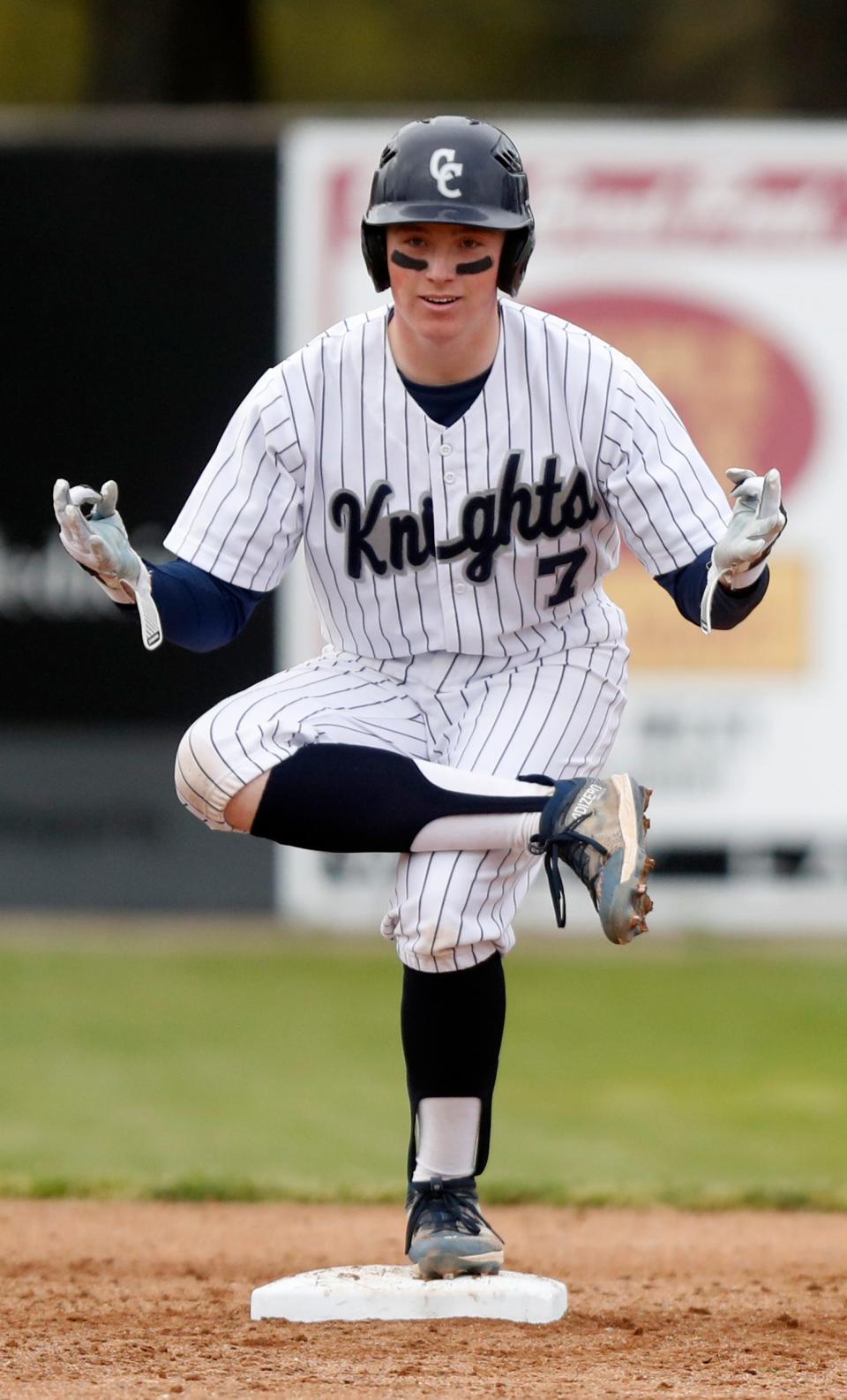 Central Catholic Knights Ryan Schummer (7) celebrates after getting a hit during the IHSAA baseball game against the Rossville Hornets, Friday, April 28, 2023, at Central Catholic High School in Lafayette, Ind. Central Catholic won 9-3.