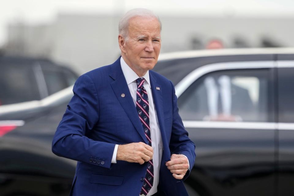 President Joe Biden walks to speak to reporters before boarding Air Force One at Raleigh-Durham International Airport in Morrisville, N.C., Tuesday, March 28, 2023, en route to Washington. (AP Photo/Carolyn Kaster) ORG XMIT: NCCK112