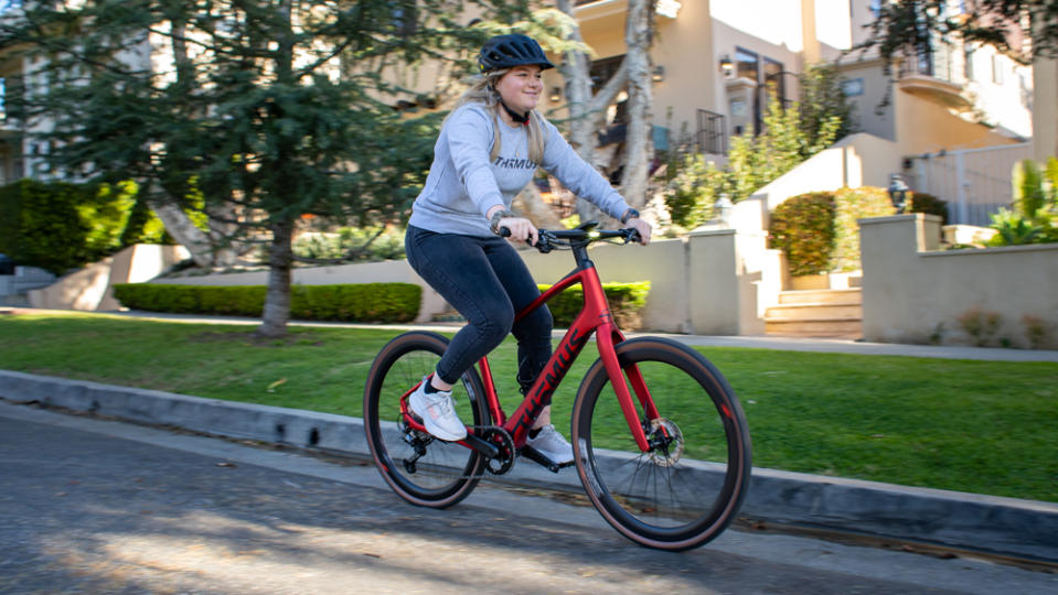 Riding the Thömus Swissrider electric bike.