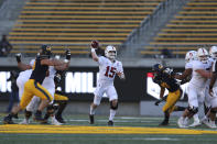 Stanford quarterback Davis Mills (15) throws a pass against California during the second half of an NCAA college football game Friday, Nov. 27, 2020, in Berkeley, Calif. (AP Photo/Jed Jacobsohn)