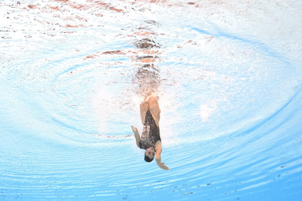 Evangelia Platanioti of Greece, competes in the women's solo technical final of artistic swimming at the World Aquatics Championships in Doha, Qatar, Saturday, Feb. 3, 2024. (AP Photo/Lee Jin-man)