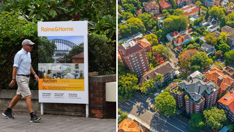 Composite image of man walking past auction property auction sign and Sydney apartment buildings.