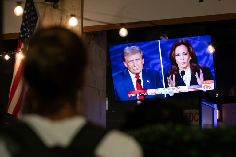 A screen displaying the US Presidential debate between Vice President and Democratic presidential candidate Kamala Harris and former US President and Republican presidential candidate Donald Trump (Allison Bailey)