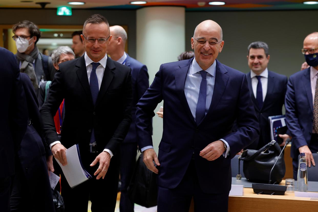 Hungarian Foreign Minister Péter Szijjártó, left, at a meeting of European foreign ministers (Copyright 2022 The Associated Press. All rights reserved)
