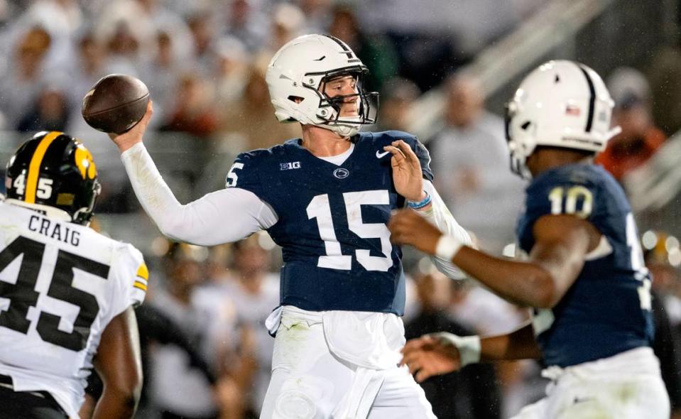 Penn State quarterback Drew Allar makes a pass to Khalil Dinkins for a touchdown during the game against Iowa on Saturday, Sept. 23, 2023.  