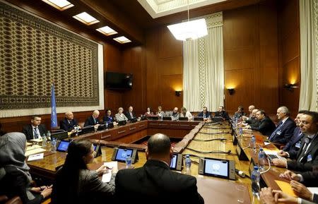 An overview of the room where U.N. mediator for Syria Staffan de Mistura and the Syrian delegation lead by Syrian Ambassador to the U.N. Bashar al Jaafari opened the Syrian peace talks at the United Nations European headquarters in Geneva, Switzerland, January 29, 2016. REUTERS/Denis Balibouse