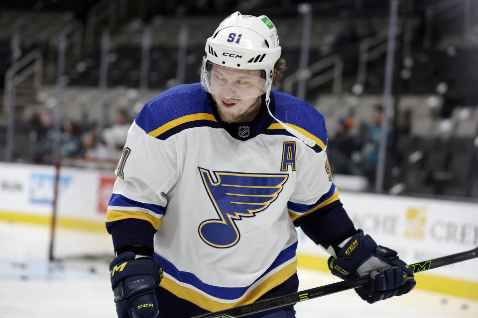 St. Louis Blues right wing Vladimir Tarasenko (91) skates during warmups prior to an NHL hockey game against San Jose Sharks in San Jose, Calif., Thursday, April 21, 2022. (AP Photo/Josie Lepe)