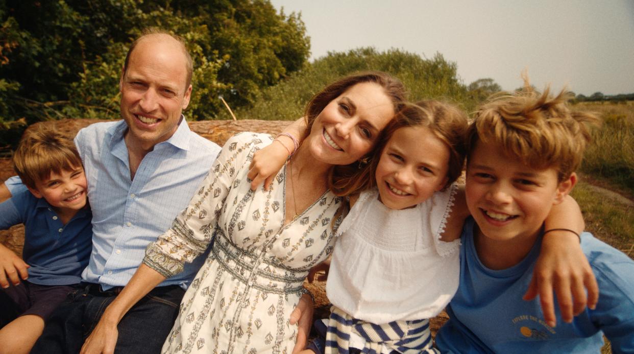 The Princess of Wales in her video with the Prince of Wales, Prince George, right, Princess Charlotte, second right, and Prince Louis, left. (PA)