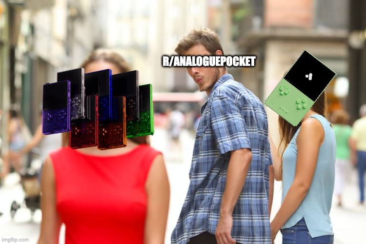 Ein „Distracted Boyfriend“-Meme, erstellt auf dem Subreddit Analogue Pocket.