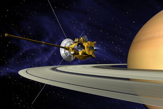 An artist's rendition of NASA's Cassini entering orbit around Saturn.