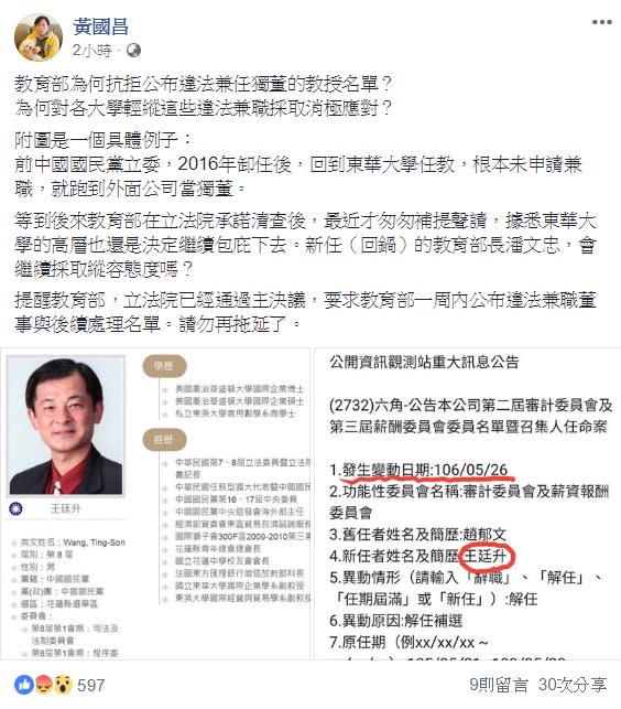 時代力量立委黃國昌於臉書質疑教育部，為何抗拒公布違法兼任獨懂得教授名單。   圖：翻攝自黃國昌臉書