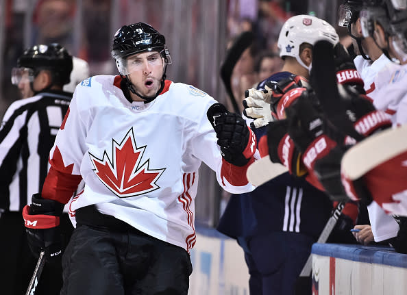 TORONTO, ON - SEPTEMBER 20: Matt Duchene #9 of Team Canada high fives the bench after scoring a first period goal on Team USA during the World Cup of Hockey 2016 at Air Canada Centre on September 20, 2016 in Toronto, Ontario, Canada. (Photo by Minas Panagiotakis/World Cup of Hockey via Getty Images)