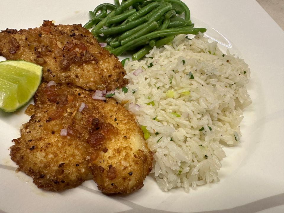 coconut flounder with white rice and vegetable