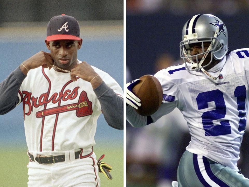 Deion Sanders with MLB baseball's Atlanta Braves (left) and the NFL's Dallas Cowboys.