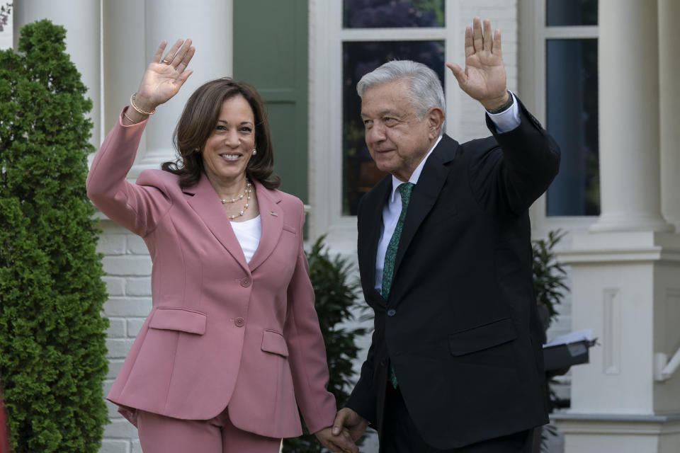 Vice President Kamala Harris welcomes Mexican President Andres Manuel Lopez Obrador, at the vice president's official residence in Washington, Tuesday, July 12, 2022. (AP Photo/Manuel Balce Ceneta)