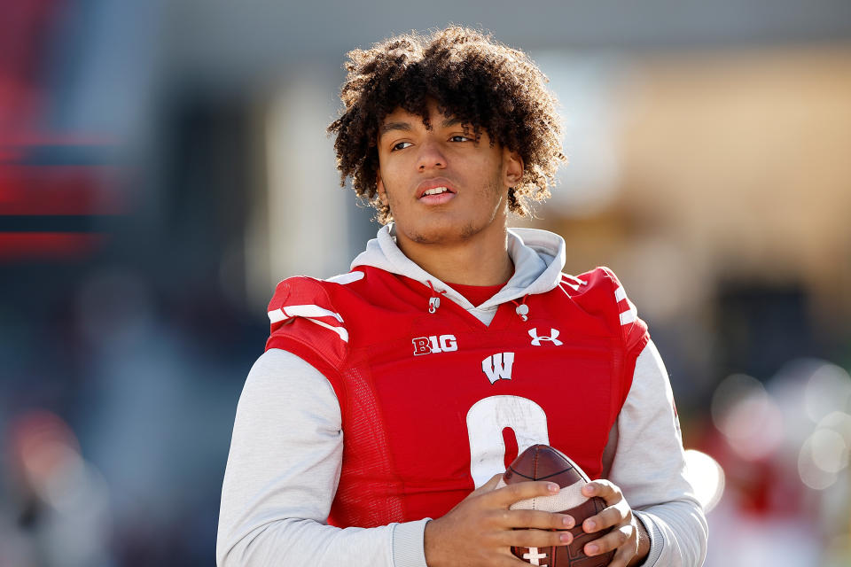 MADISON, WISCONSIN – NOVEMBER 26: Braelon Allen #0 of the Wisconsin Badgers watches during pre game. Allen is inactive with an injury for the game against the Minnesota Golden Gophers at Camp Randall Stadium on November 26, 2022 in Madison, Wisconsin. (Photo by John Fisher/Getty Images)