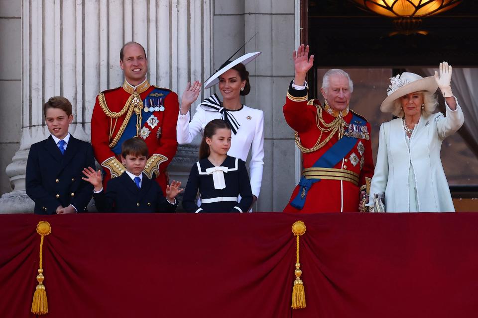 Britain's Prince George, Prince William, Prince Louis, Princess Kate, Princess Charlotte, King Charles III and Queen Camilla wave on the balcony of Buckingham Palace after attending the King's birthday parade "Trooping the Colour" in London on June 15, 2024.