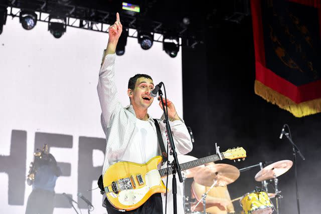 <p>VALERIE MACON/AFP via Getty </p> Jack Antonoff and Bleachers performing at Coachella
