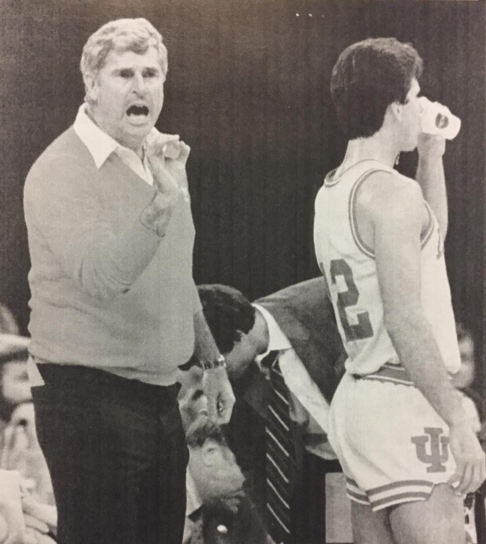 With just a second left in the game, Bobby Knight flashes the "okay sign" to his leading scorer Steve Alford. Alford scored 23 points in the Hoosiers' 74-73 win over Syracuse.