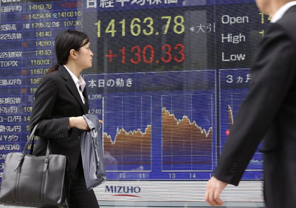 People walk past an electronic stock indicator in Tokyo Thursday, May 8, 2014. Asian stock markets were mostly higher Thursday after China's trade improved and Federal Reserve Chair Janet Yellen vowed low interest rates would continue until the U.S. job market is healthy. Tokyo's Nikkei 225 stock index, the region's heavyweight, advanced 130.33 points, or 0.9 percent to 14,163.78. (AP Photo/Shizuo Kambayashi)