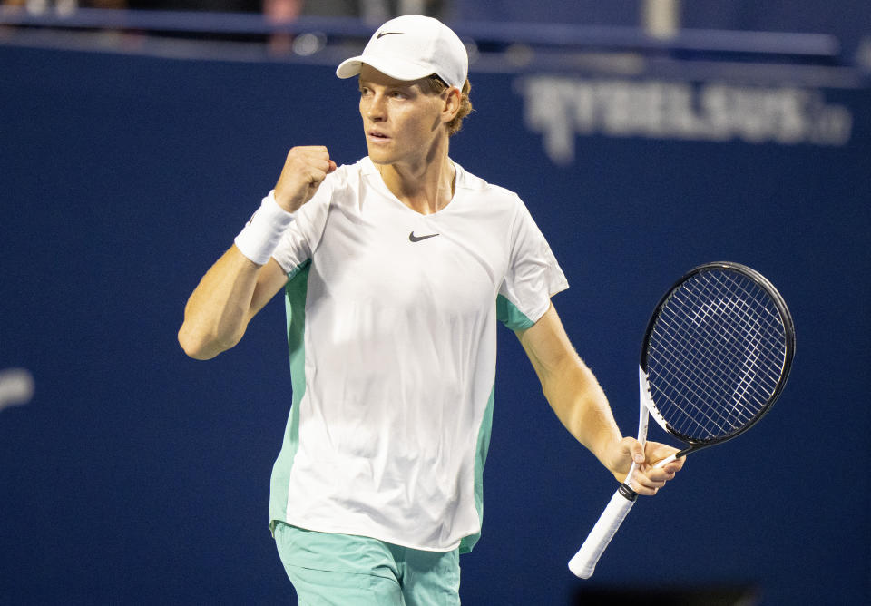 Jannik Sinner, of Italy, pumps his fist after a match against Gael Monfils, of France, during the National Bank Open men’s tennis tournament Friday, Aug. 11, 2023, in Toronto. (Frank Gunn/The Canadian Press via AP)