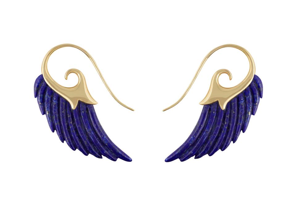 Noor Fares wing earrings in lapis and gold (£1,450)