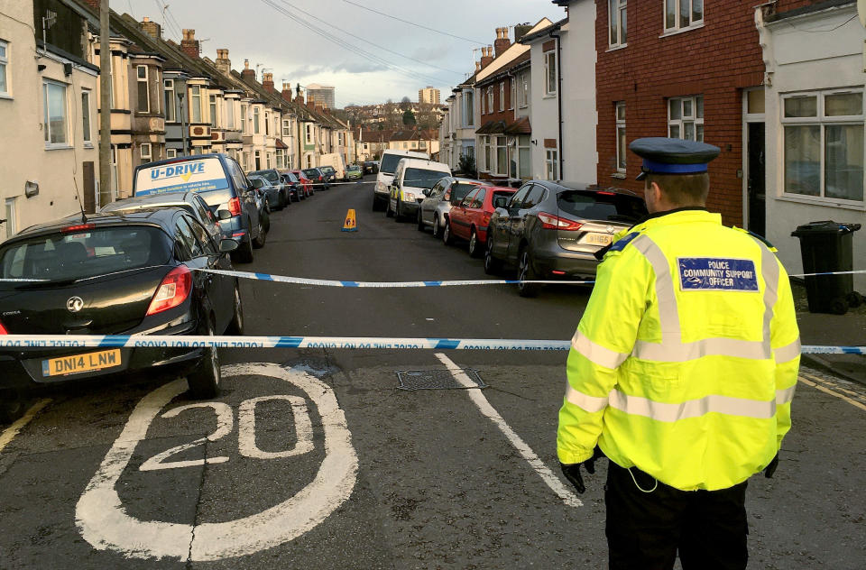 A police cordon in place at the entrance to Mansfield Street in Bedminster, Bristol.  December 15, 2019.  A murder investigation has been launched after a teenager was stabbed to death in Bristol. See SWNS story SWBRmurder.  The 17-year-old was found with a stab wound to his chest just before 1:30pm yesterday (Sat). Emergency services rushed to the scene at Mansfield Street in Bedminster. He was taken to hospital but died a short time later.   A 14-year-old boy has been arrested in connection with the incident and remains in police custody. Detective Inspector Phil Walker, from Avon and Somerset Police's Major Crime Investigation Team, said the force had launched a murder investigation.     