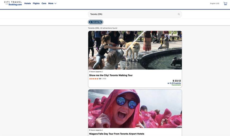 Screenshot of attractions search results page Citi Travel.