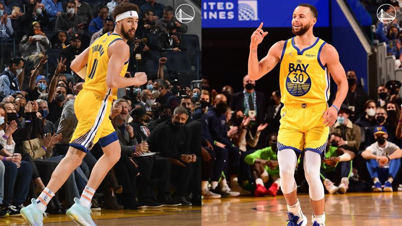 柯瑞（Stephen Curry）投進6顆三分球，「浪花兄弟」合砍52分。（圖／翻攝自勇士推特）