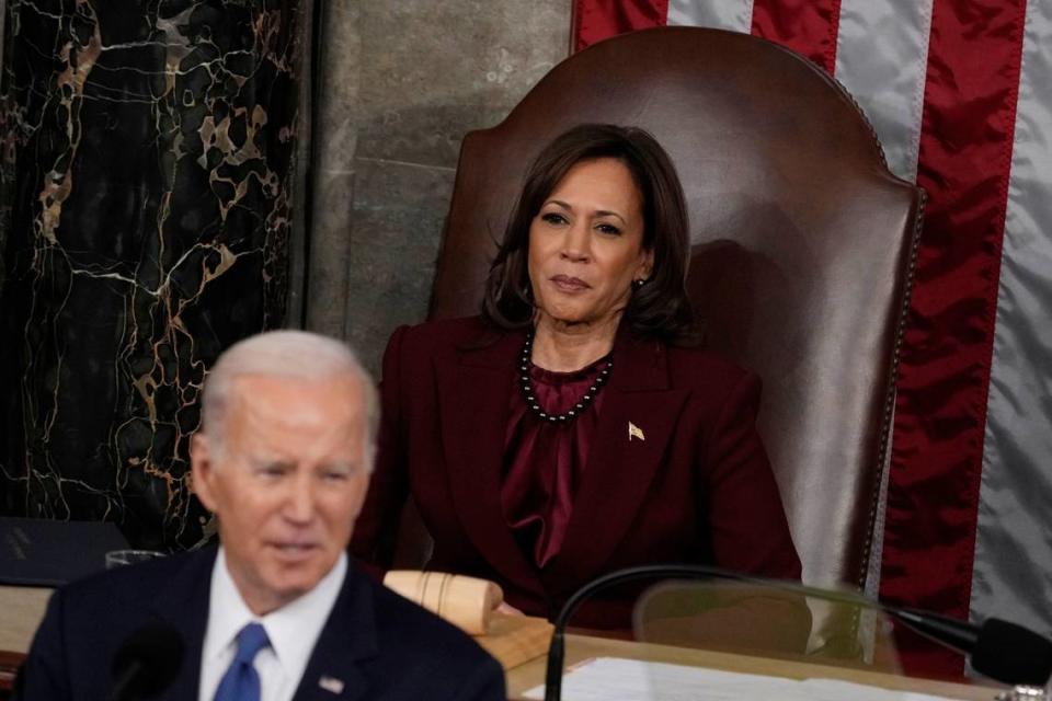 Vice President Kamala Harris listens as President Joe Biden speak during the State of the Union address Feb. 7 from the House chamber of the United States Capitol in Washington.