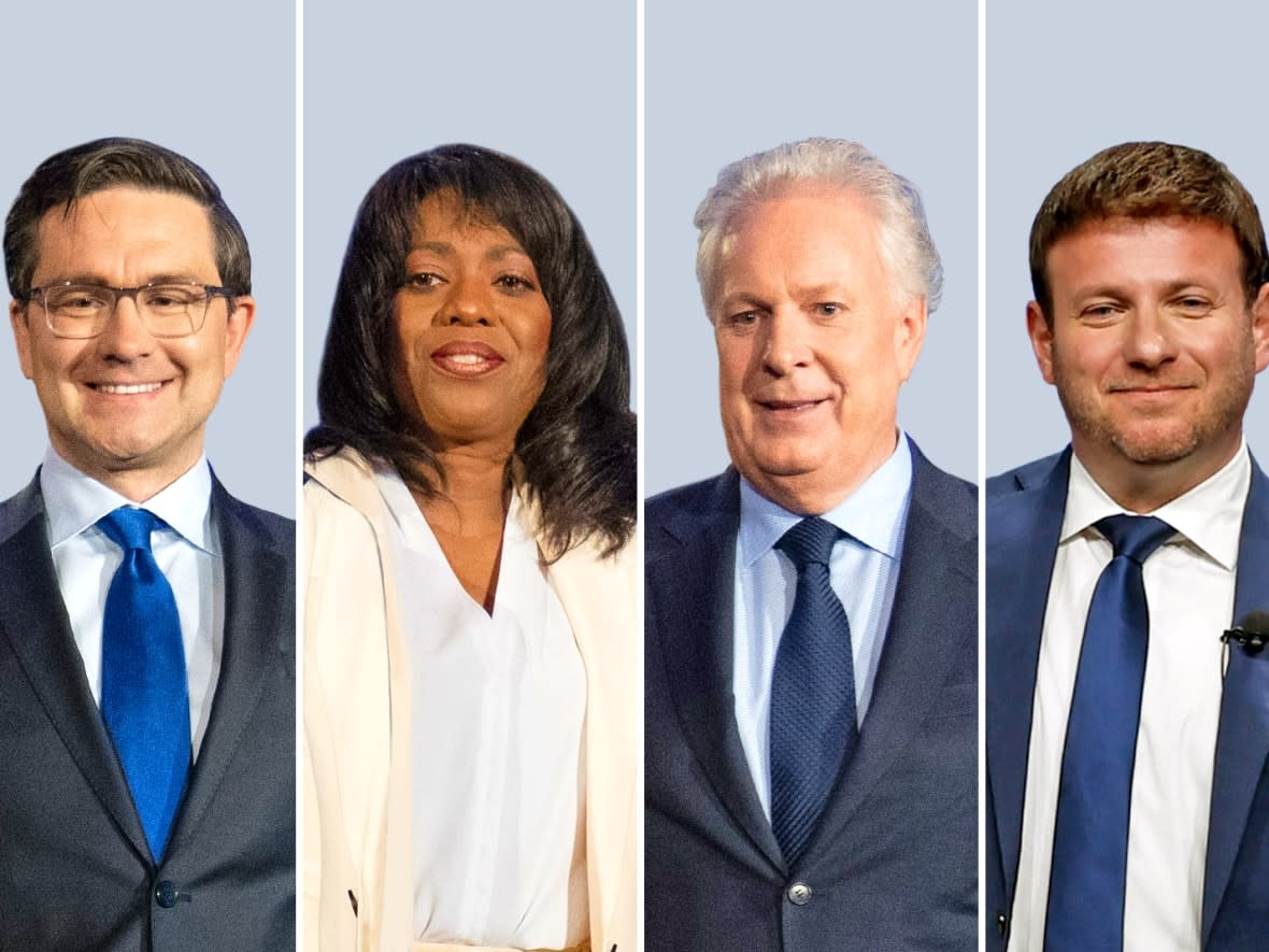 Conservative leadership candidates (left to right) Pierre Poilievre, Leslyn Lewis, Jean Charest, Roman Baber and Scott Aitchison. (The Canadian Press - image credit)