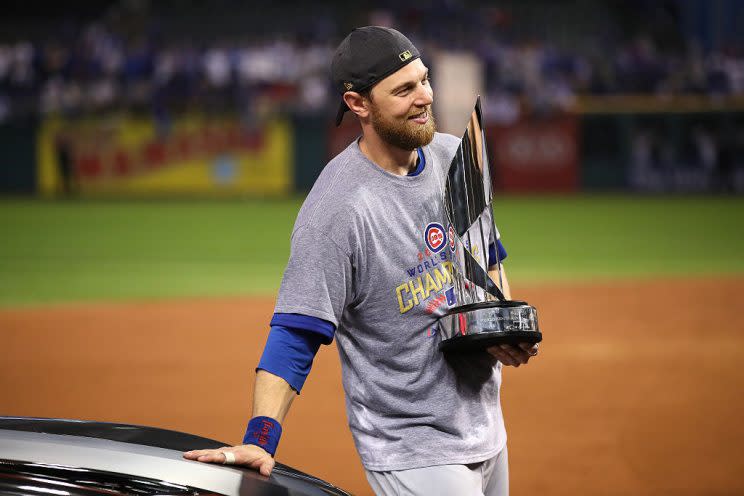 CLEVELAND, OH - NOVEMBER 02: 2016 World Series MVP Ben Zobrist #18 of the Chicago Cubs stands with the World Series Most Valuable Player Award after defeating the Cleveland Indians 8-7 in Game Seven of the 2016 World Series at Progressive Field on November 2, 2016 in Cleveland, Ohio. The Cubs win their first World Series in 108 years. (Photo by Ezra Shaw/Getty Images)