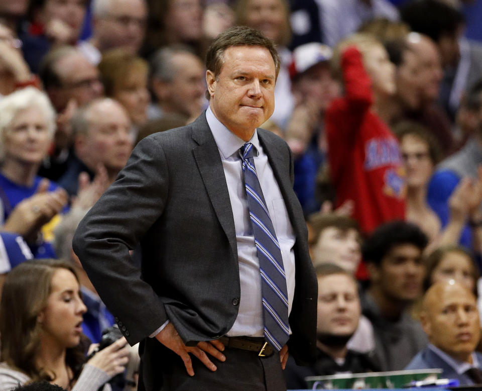 Kansas head coach Bill Self watches during the first half of an NCAA college basketball game against Oklahoma Wednesday, Jan. 2, 2019, in Lawrence, Kan. (AP Photo/Charlie Riedel)
